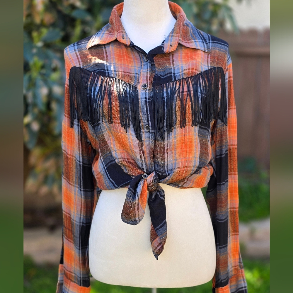 Angie Orange and Black Plaid Fringe Button-Up Shirt Size Medium